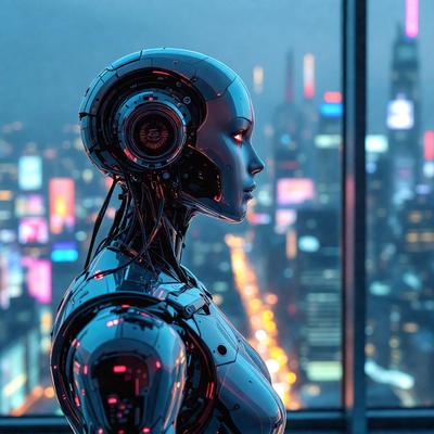 The primary subject of the image is a robotic head with a futuristic appearance. The robotic head is prominently displayed in the foreground, with a cityscape in the background. The setting includes tall buildings and a nighttime cityscape, creating a sense of urban atmosphere. The visual style of the image is a combination of photo and digital art, giving it a unique and intriguing appearance. The colors and mood of the image are predominantly dark and moody, with the robotic head standing out